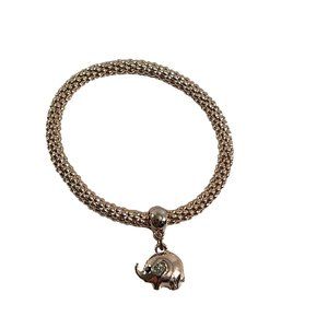 Copper Tone Stretch Bracelet Elephant Dangle Charm Trunk Up Rhinestones Ear